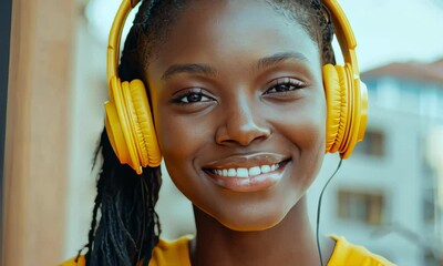 Wall Mural - Close-up of an African American woman with yellow headphones, beaming with happiness while enjoying her favorite tunes. The image captures her connection to music and the joy it brings.