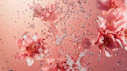 Wall Mural - Pink Flowers with Water Droplets and Splashing Water Effect