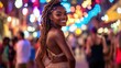© Surachetsh - Surrounded by colorful lights, a smiling black woman in casual festival wear enjoys the energy of the night, exuding confidence and happiness.