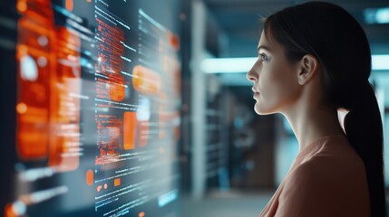 A focused woman interacts with a bright office environment, working on computer screen
