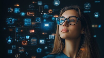 A thoughtful woman wearing glasses gazes into a world of coding and technology. She is surrounded by dynamic visual elements