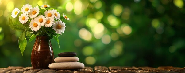 A charming vase of daisies rests on a wooden table, complemented by smooth stones and a lush green background, creating a serene and tranquil ambiance.