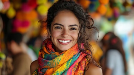 Smiling woman with colorful scarf.