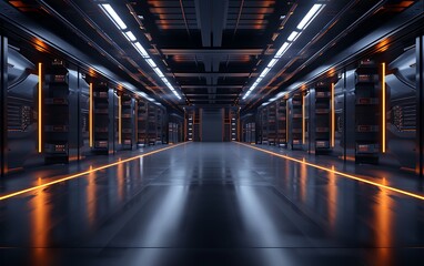 Aufkleber - A high-tech corridor lined with server racks, illuminated by LED lights, showcasing a modern data center environment.