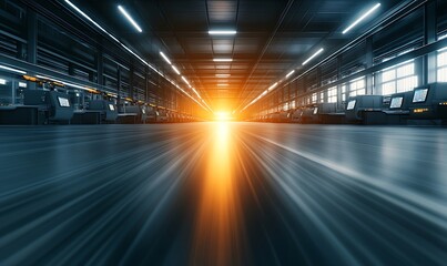 Poster - A bright light beams through a spacious industrial space, highlighting the sleek surfaces and creating a dynamic sense of movement and depth.