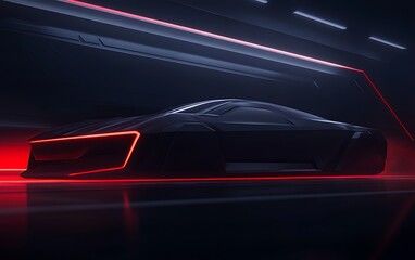 Fototapete - A sleek, futuristic car silhouette is illuminated with red lights against a dark background, creating a high-tech and dynamic atmosphere.