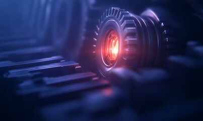 Leinwandbilder - A close-up of a mechanical gear set against a dark background, featuring a glowing red light that highlights its intricate design.