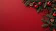 © Kingdola - Crimson Christmas Corner: Festive red background adorned with lush green fir branches, red baubles, berries, and pine cones, creating a vibrant Christmas border.
