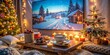 © Wanlop - Surreal Cozy Winter Holidays in Mykolaiv: Home Alone Movie Night with Snacks and Drinks Projected on Screen, Evoking Nostalgia and Warmth in a December Setting