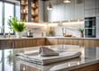 © Wanlop - Surreal Vertical Shot of a Pristine Kitchen Towel on a Marble Countertop in a Modern Interior with a Softly Blurred Background – Ideal for Home Textile and Interior Design Themes