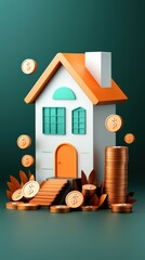 Wall Mural - A stylized house surrounded by coins, symbolizing real estate investment and financial growth.