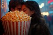 © masharinkaphotos - Date at the cinema. Couple in love kisses while hiding behind basket of popcorn