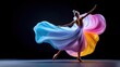 © Inlovehem - A dancer in a flowing colorful dress performing on a dark stage.
