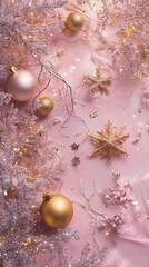 Wall Mural - delicate pink christmas backdrop with shimmering ornaments, golden stars, and frosted branches creat