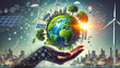 © Jathuchai - Artistic Concept of Environmental Sustainability with a Floating Earth in a Hand, Showcasing Renewable Energy Sources and a Green Ecosystem in Harmony.
