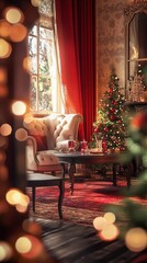 Wall Mural - Cozy Christmas corner with plush armchair, red curtains, and twinkling tree lights creating a warm, inviting atmosphere for holiday relaxation and cheer.