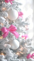 Wall Mural - festive white christmas tree adorned with shimmering ornaments and vibrant pink bows, creating a mag