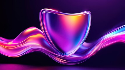 Wall Mural - Colorful abstract shield design with vibrant flowing waves on dark background.