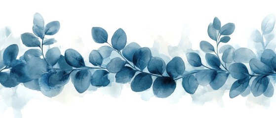 Wall Mural - Elegant blue foliage design on a soft watercolor background.