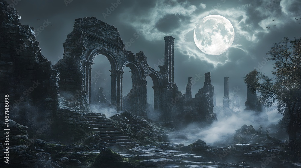 A moonlit, ancient stone gate with an arched entrance leads to the ...