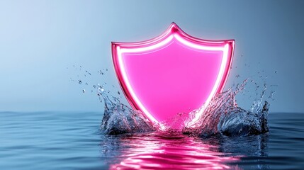 Wall Mural - A glowing pink neon shield emblem splashing in calm water on a serene blue background.