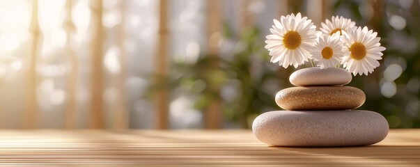 A serene arrangement of stones topped with daisies, symbolizing tranquility and nature, set against a softly lit, natural background.