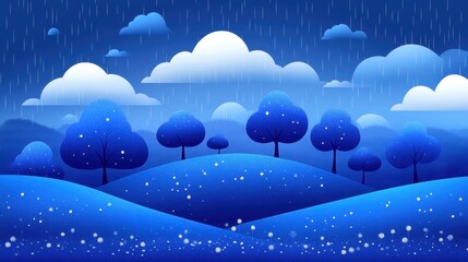 Wall Mural - colorful abstract landscape with blue hills and whimsical clouds under gentle rain.