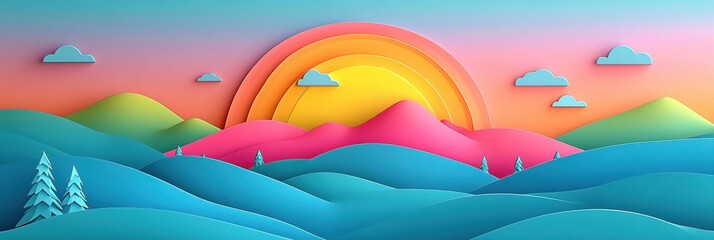 Wall Mural - Colorful paper cut landscape with vibrant hills and a bright sun against a pastel sky.