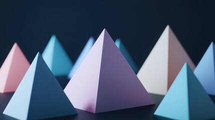 Wall Mural - a collection of 3d pyramids, each rendered in a soft pastel color, floating over a solid black backg