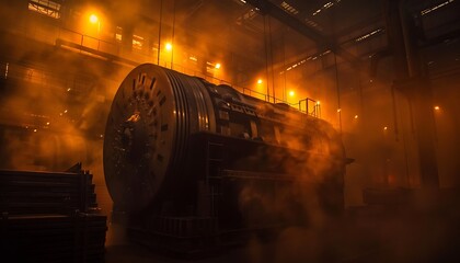 Leinwandbilder - A large industrial machine illuminated by orange light, surrounded by steam, creating a dramatic and atmospheric scene in a factory setting.