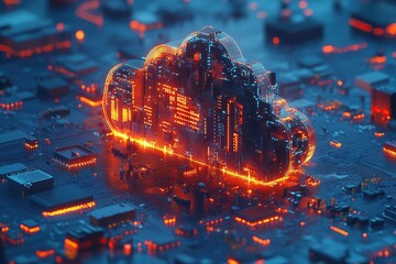 Wall Mural - a digital cloud made of circuit boards and glowing components