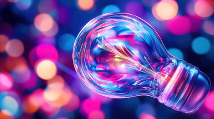 Wall Mural - Colorful glowing light bulb on a vibrant bokeh background, symbolizing innovation and creativity.