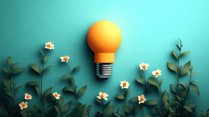 Wall Mural - Creative light bulb surrounded by flowers on a teal background.