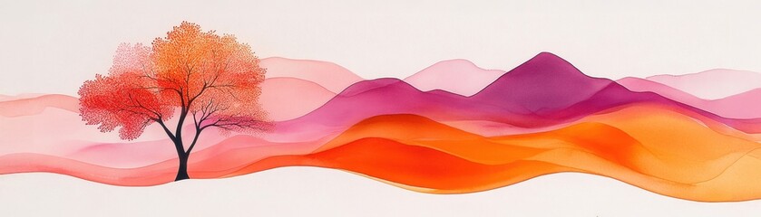 Wall Mural - abstract landscape with colorful hills and a tree, soft wave patterns.