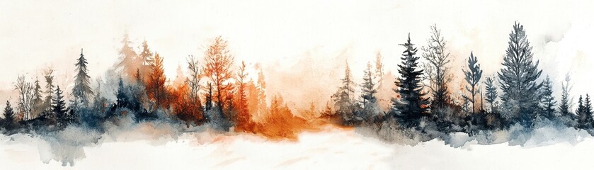 Wall Mural - abstract forest scene with watercolor trees and vibrant orange hues.