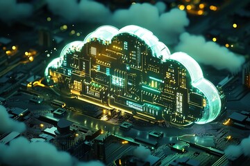 Wall Mural - a digital cloud made of circuit boards and glowing components