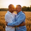 © Pixel Matrix - A candid heartwarming embrace between an elderly African American gay couple in a sun-kissed field with ethereal gentle blue psychic waves