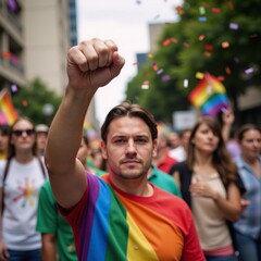 Wall Mural - A digital illustration showcases a powerful Pride fist made from colorful LGBTQ flags in a vibrant symbolic design