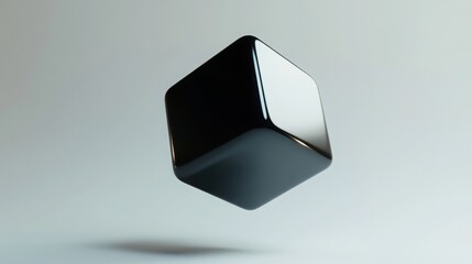 Wall Mural - a floating 3d cube with rounded edges, rendered in glossy black, positioned on a light gray backgrou