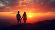 © Alex Pios - Silhouette of a couple standing hand in hand on a hilltop during sunset, with a breathtaking view of the landscape below and a colorful sky, creating a romantic and serene atmosphere