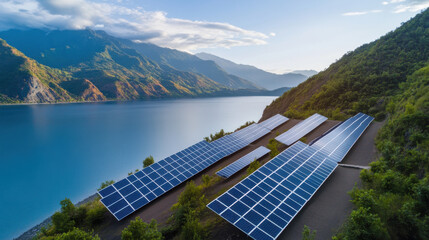 Sustainable solar array in tropical landscape by serene lake