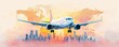 © AbsoluteAi - Airplane flying over a colorful city skyline with a world map landmarks silhouette in the background.