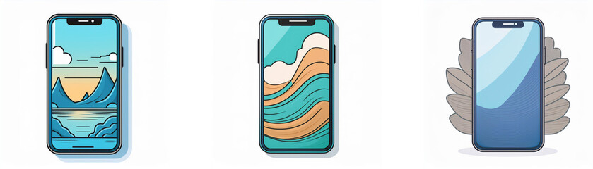 Fototapete - Three smartphones are shown in a white background. Each has a different minimalist design.