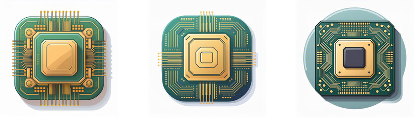 Poster - Three square chips with gold connectors are surrounded by a green circuit board.