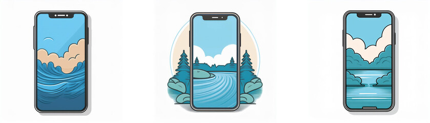 Fototapete - Three smartphones showcasing minimalist nature-inspired designs featuring sky, water, and trees.