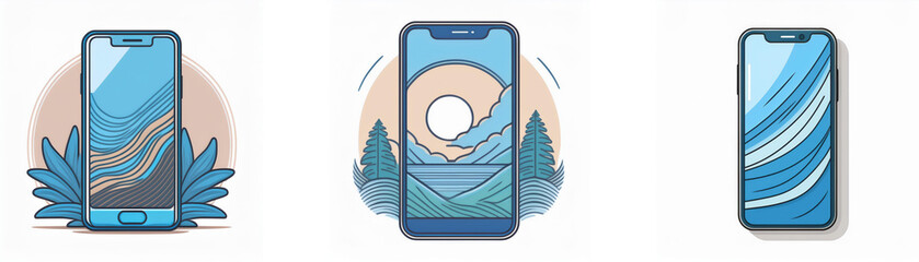 Poster - Three smartphone illustrations with blue backgrounds with different designs and colors.