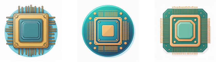 Poster - Three colorful illustrations of microchips with gold and blue details.