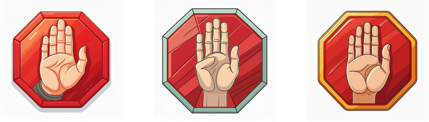 Aufkleber - Three stop signs with an open hand in front of a red background.