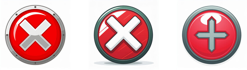 Aufkleber - Three round buttons with a metallic rim. The left two buttons are red with a white cross, the third is red with a grey plus sign.