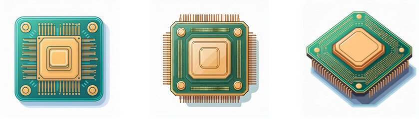 Poster - Three computer chips with a green circuit board and gold connectors.
